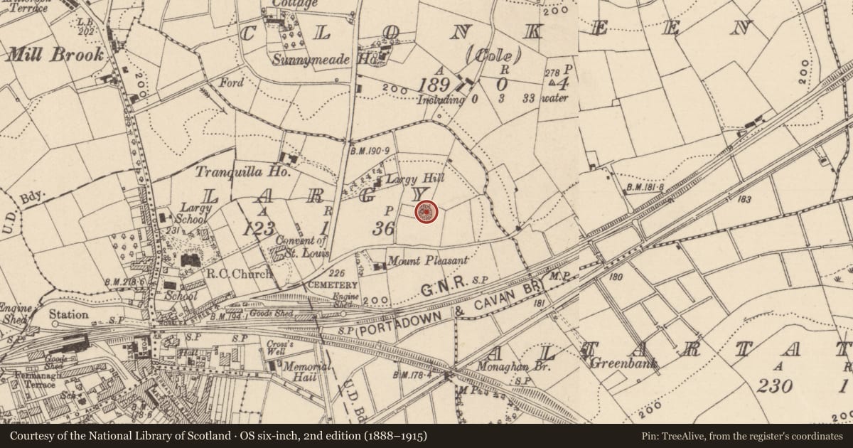 Ordnance Survey six-inch map, 2nd edition (1888–1915) covering the location of Ringfort - rath, Largy, County Monaghan, with a pin at the register's coordinates