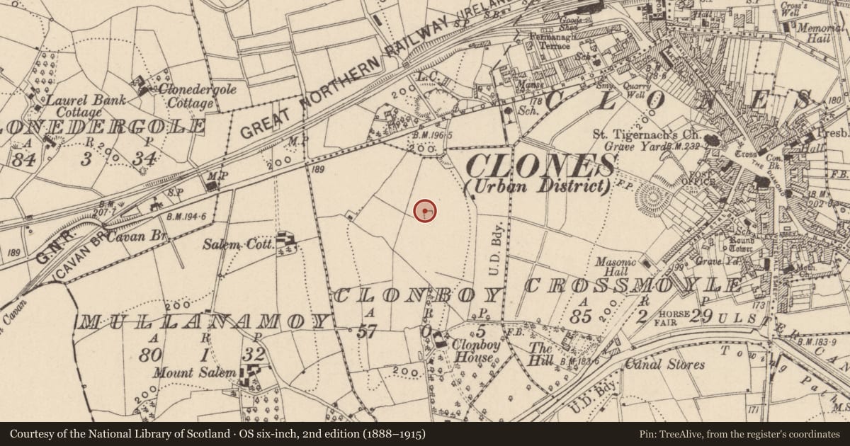 Ordnance Survey six-inch map, 2nd edition (1888–1915) covering the location of Enclosure, Clonboy, County Monaghan, with a pin at the register's coordinates