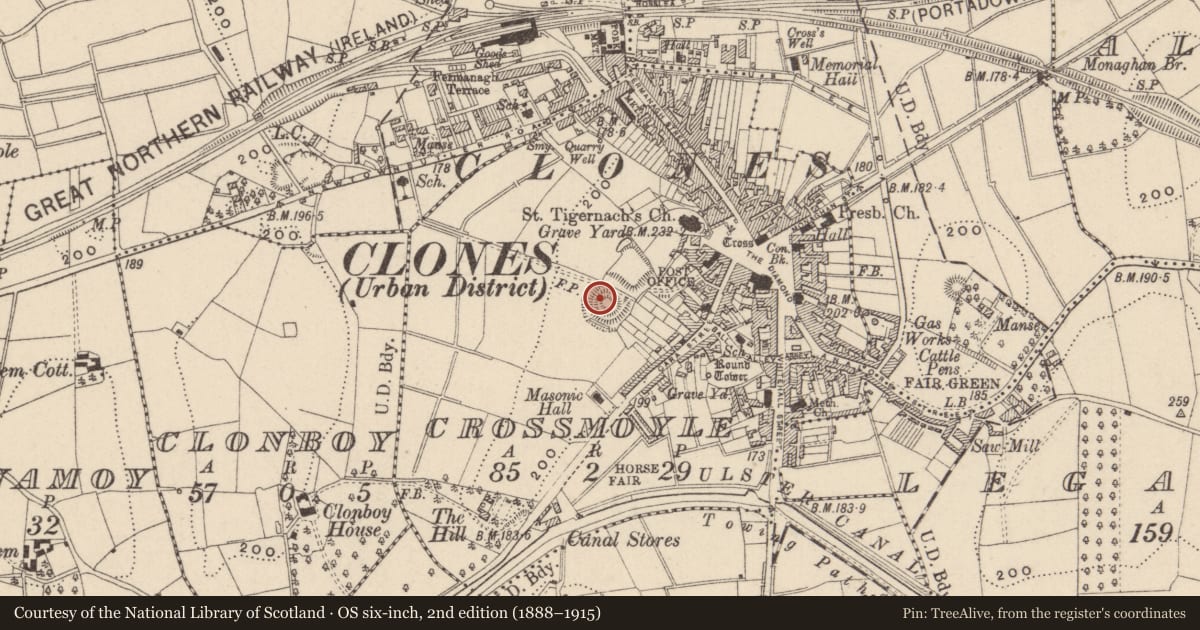 Ordnance Survey six-inch map, 2nd edition (1888–1915) covering the location of Castle - motte and bailey, Crossmoyle, County Monaghan, with a pin at the register's coordinates