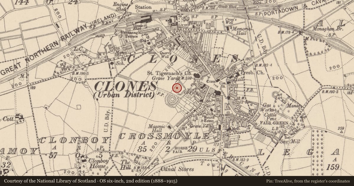 Ordnance Survey six-inch map, 2nd edition (1888–1915) covering the location of Bastioned fort, Crossmoyle, County Monaghan, with a pin at the register's coordinates
