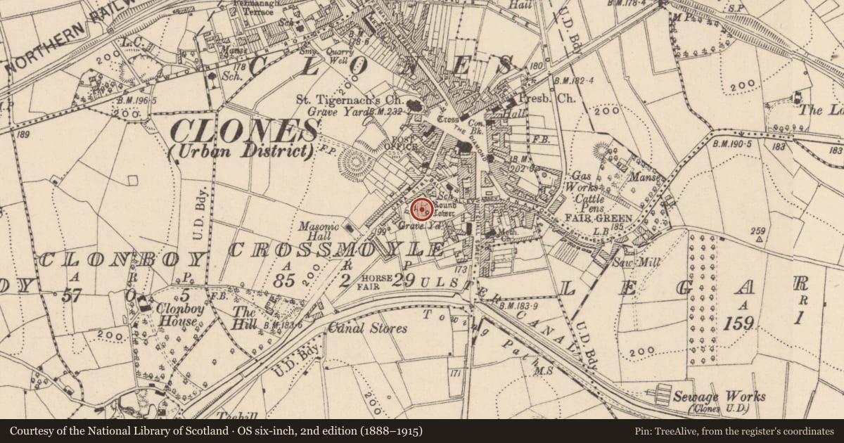Ordnance Survey six-inch map, 2nd edition (1888–1915) covering the location of Round tower, Crossmoyle, County Monaghan, with a pin at the register's coordinates