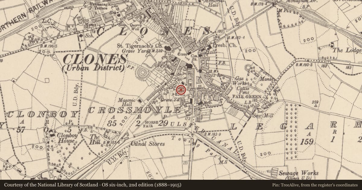 Ordnance Survey six-inch map, 2nd edition (1888–1915) covering the location of Graveyard, Crossmoyle, County Monaghan, with a pin at the register's coordinates