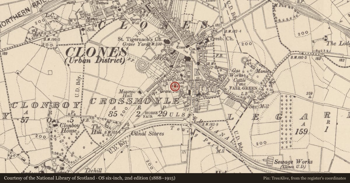 Ordnance Survey six-inch map, 2nd edition (1888–1915) covering the location of Shrine, Crossmoyle, County Monaghan, with a pin at the register's coordinates