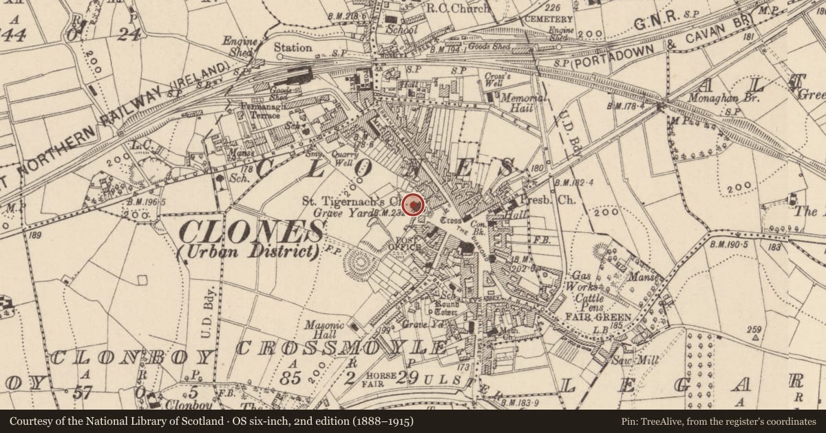 Ordnance Survey six-inch map, 2nd edition (1888–1915) covering the location of Church, Crossmoyle, County Monaghan, with a pin at the register's coordinates