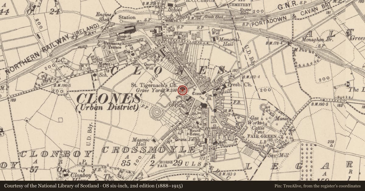 Ordnance Survey six-inch map, 2nd edition (1888–1915) covering the location of Inscribed stone, Crossmoyle, County Monaghan, with a pin at the register's coordinates