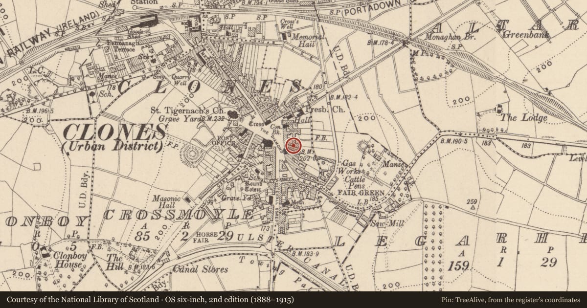 Ordnance Survey six-inch map, 2nd edition (1888–1915) covering the location of Building, Crossmoyle, County Monaghan, with a pin at the register's coordinates