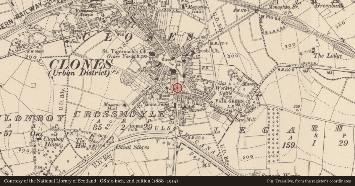 Ordnance Survey six-inch map, 2nd edition (1888–1915) covering the location of Burial, Crossmoyle, County Monaghan, with a pin at the register's coordinates