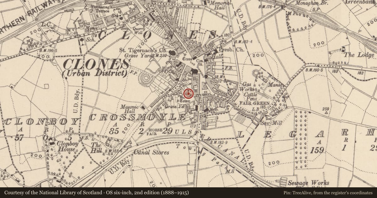 Ordnance Survey six-inch map, 2nd edition (1888–1915) covering the location of Burial, Crossmoyle, County Monaghan, with a pin at the register's coordinates