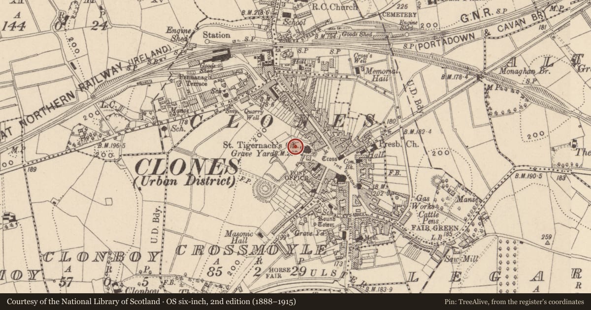 Ordnance Survey six-inch map, 2nd edition (1888–1915) covering the location of Graveyard, Crossmoyle, County Monaghan, with a pin at the register's coordinates