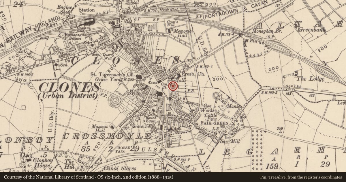 Ordnance Survey six-inch map, 2nd edition (1888–1915) covering the location of House - 17th century, Crossmoyle, County Monaghan, with a pin at the register's coordinates