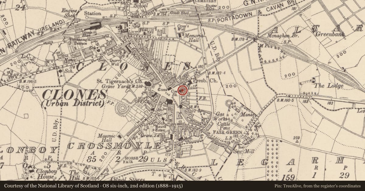 Ordnance Survey six-inch map, 2nd edition (1888–1915) covering the location of Bawn, Crossmoyle, County Monaghan, with a pin at the register's coordinates