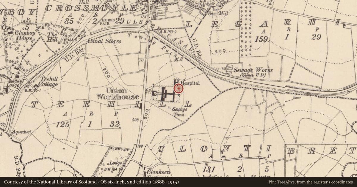 Ordnance Survey six-inch map, 2nd edition (1888–1915) covering the location of Burial ground, Teehill, County Monaghan, with a pin at the register's coordinates