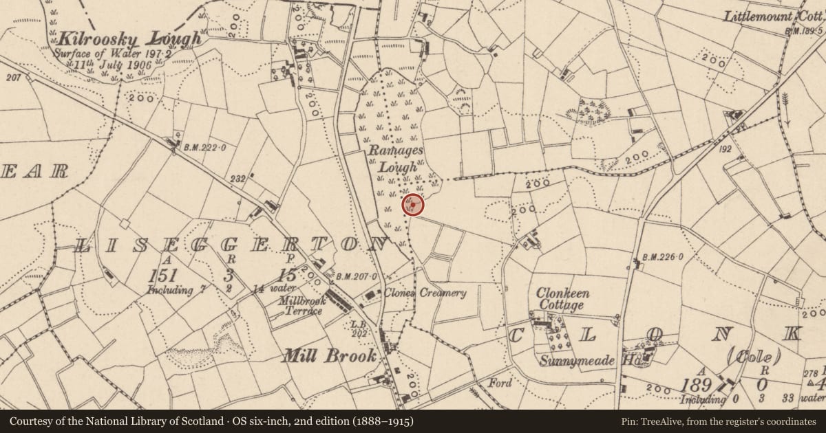 Ordnance Survey six-inch map, 2nd edition (1888–1915) covering the location of Mound, Clonkeen (Cole), County Monaghan, with a pin at the register's coordinates