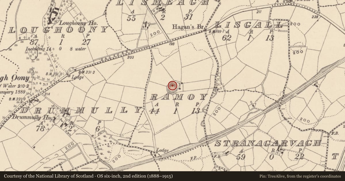 Ordnance Survey six-inch map, 2nd edition (1888–1915) covering the location of Ringfort - rath, Ramoy, County Monaghan, with a pin at the register's coordinates