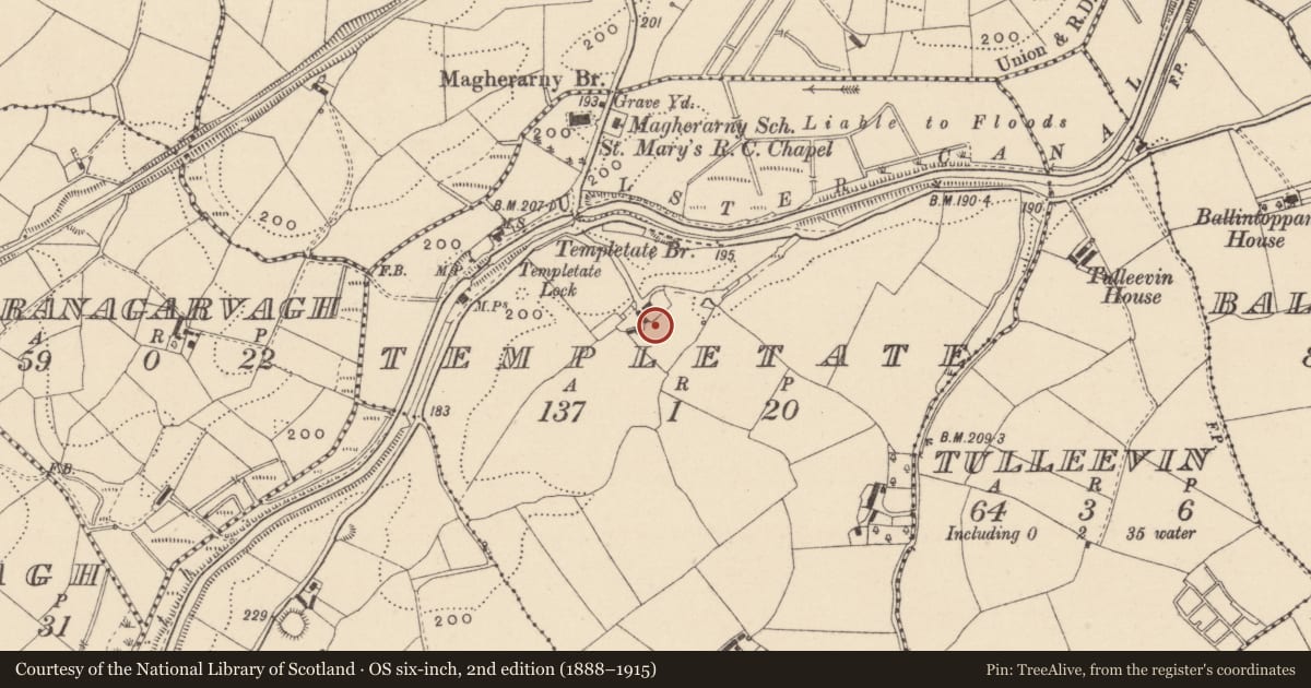 Ordnance Survey six-inch map, 2nd edition (1888–1915) covering the location of Graveyard, Templetate (Dartree By., Clones Par.), County Monaghan, with a pin at the register's coordinates
