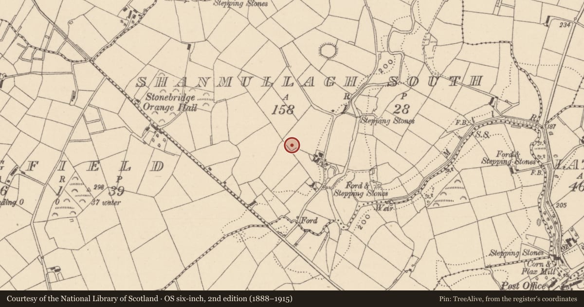 Ordnance Survey six-inch map, 2nd edition (1888–1915) covering the location of Ringfort - rath, Shanmullagh South, County Monaghan, with a pin at the register's coordinates