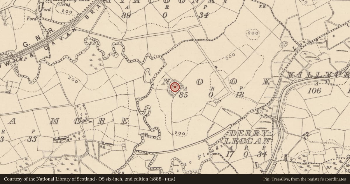 Ordnance Survey six-inch map, 2nd edition (1888–1915) covering the location of Moated site, Nook, County Monaghan, with a pin at the register's coordinates