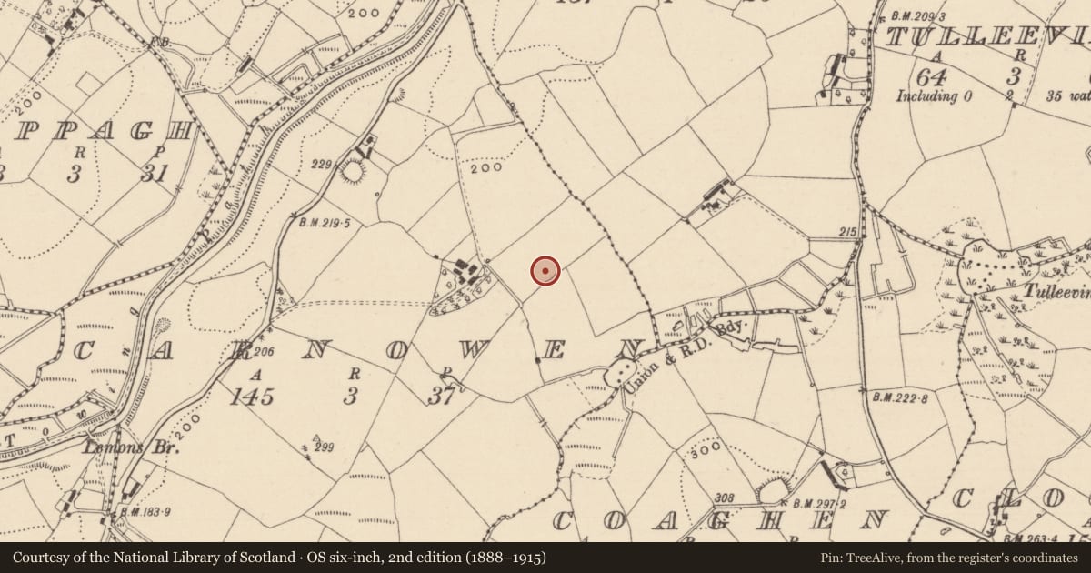 Ordnance Survey six-inch map, 2nd edition (1888–1915) covering the location of Ringfort - rath, Carnowen, County Monaghan, with a pin at the register's coordinates