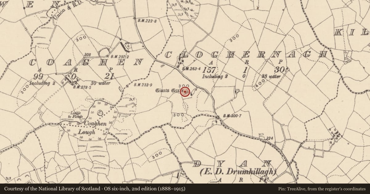 Ordnance Survey six-inch map, 2nd edition (1888–1915) covering the location of Megalithic tomb - court tomb, Cloghernagh, County Monaghan, with a pin at the register's coordinates