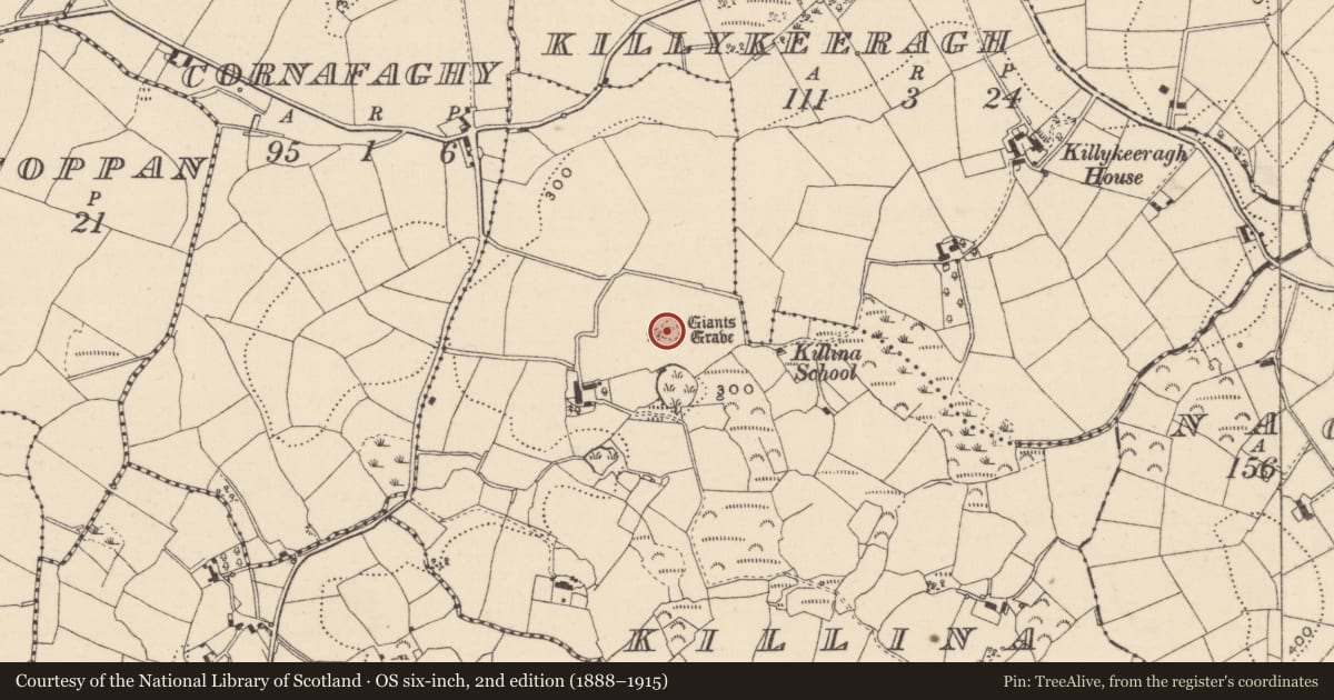 Ordnance Survey six-inch map, 2nd edition (1888–1915) covering the location of Megalithic tomb - court tomb, Killina, County Monaghan, with a pin at the register's coordinates