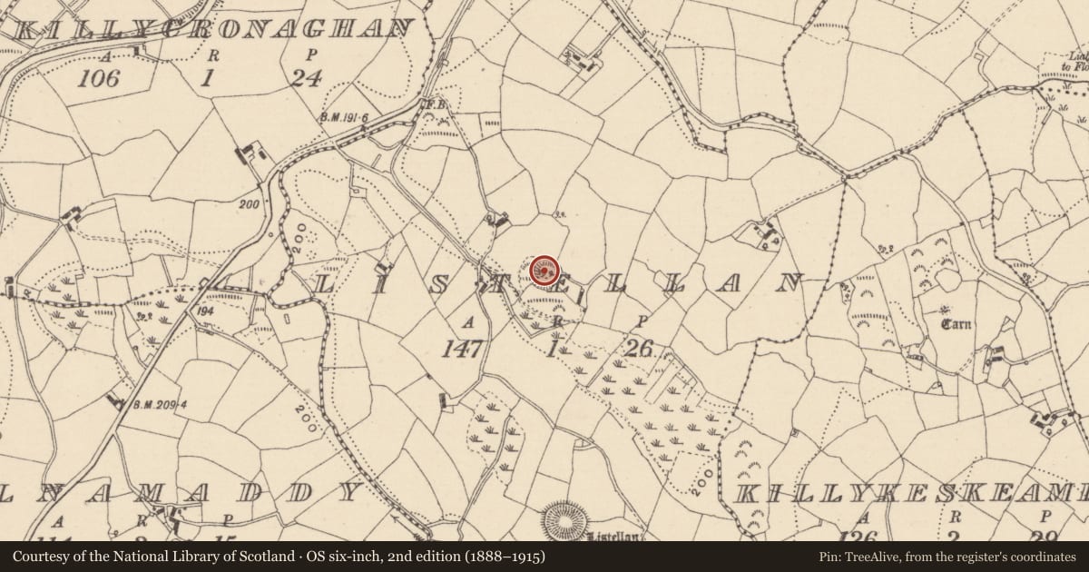 Ordnance Survey six-inch map, 2nd edition (1888–1915) covering the location of Ringfort - rath, Listellan, County Monaghan, with a pin at the register's coordinates