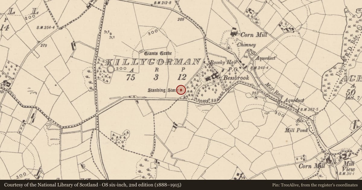 Ordnance Survey six-inch map, 2nd edition (1888–1915) covering the location of Standing stone, Killygorman, County Monaghan, with a pin at the register's coordinates