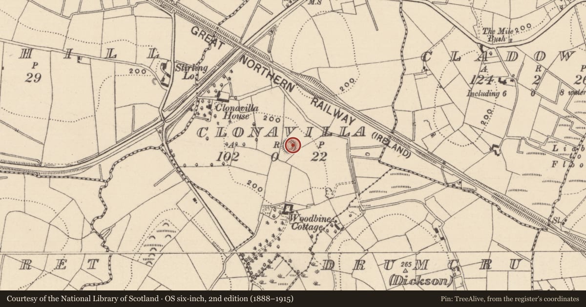 Ordnance Survey six-inch map, 2nd edition (1888–1915) covering the location of Ringfort - rath, Clonavilla, County Monaghan, with a pin at the register's coordinates