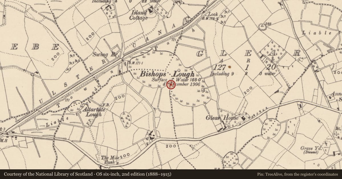 Ordnance Survey six-inch map, 2nd edition (1888–1915) covering the location of Crannog, Cladowen, County Monaghan, with a pin at the register's coordinates