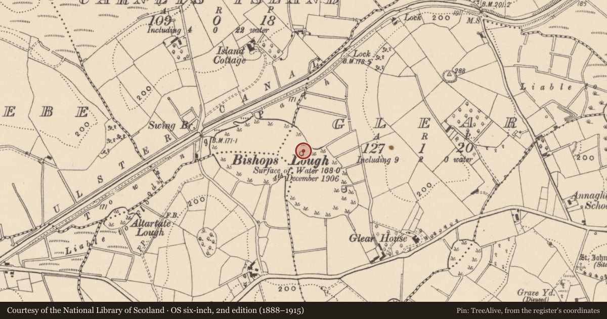 Ordnance Survey six-inch map, 2nd edition (1888–1915) covering the location of Crannog, Glear, County Monaghan, with a pin at the register's coordinates