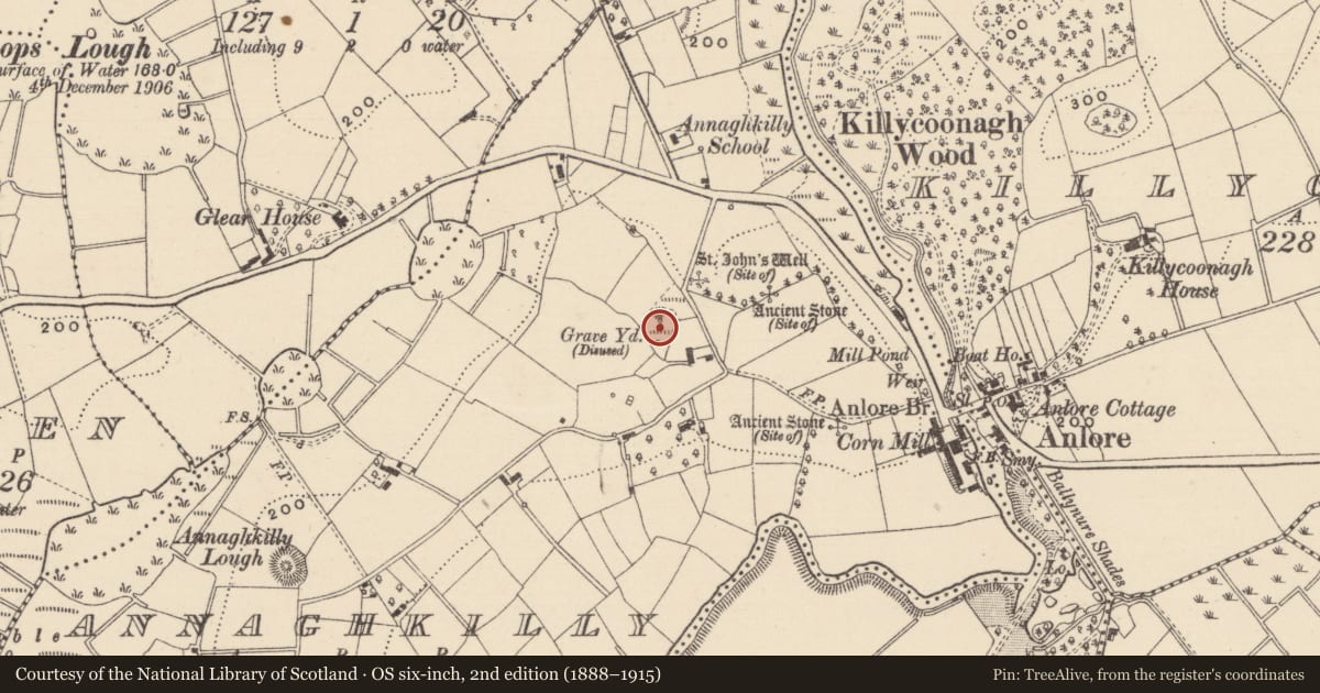 Ordnance Survey six-inch map, 2nd edition (1888–1915) covering the location of Church, Annaghkilly, County Monaghan, with a pin at the register's coordinates