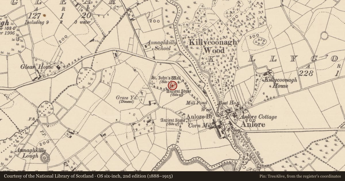 Ordnance Survey six-inch map, 2nd edition (1888–1915) covering the location of Mass-rock, Annaghkilly, County Monaghan, with a pin at the register's coordinates