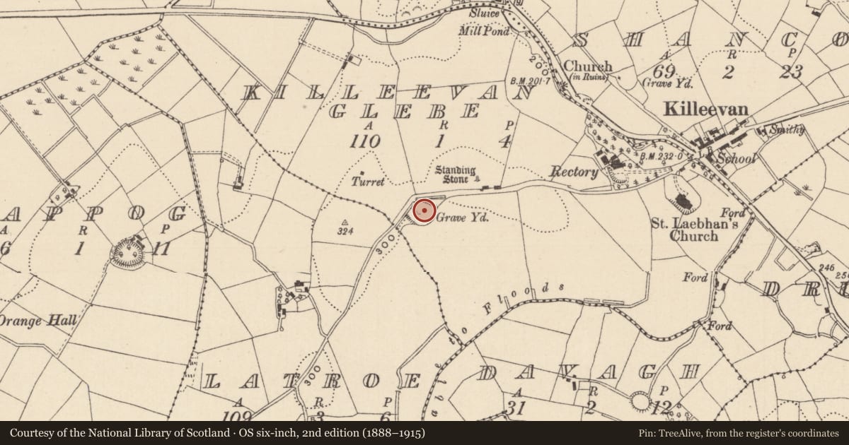 Ordnance Survey six-inch map, 2nd edition (1888–1915) covering the location of Church, Killeevan Glebe, County Monaghan, with a pin at the register's coordinates