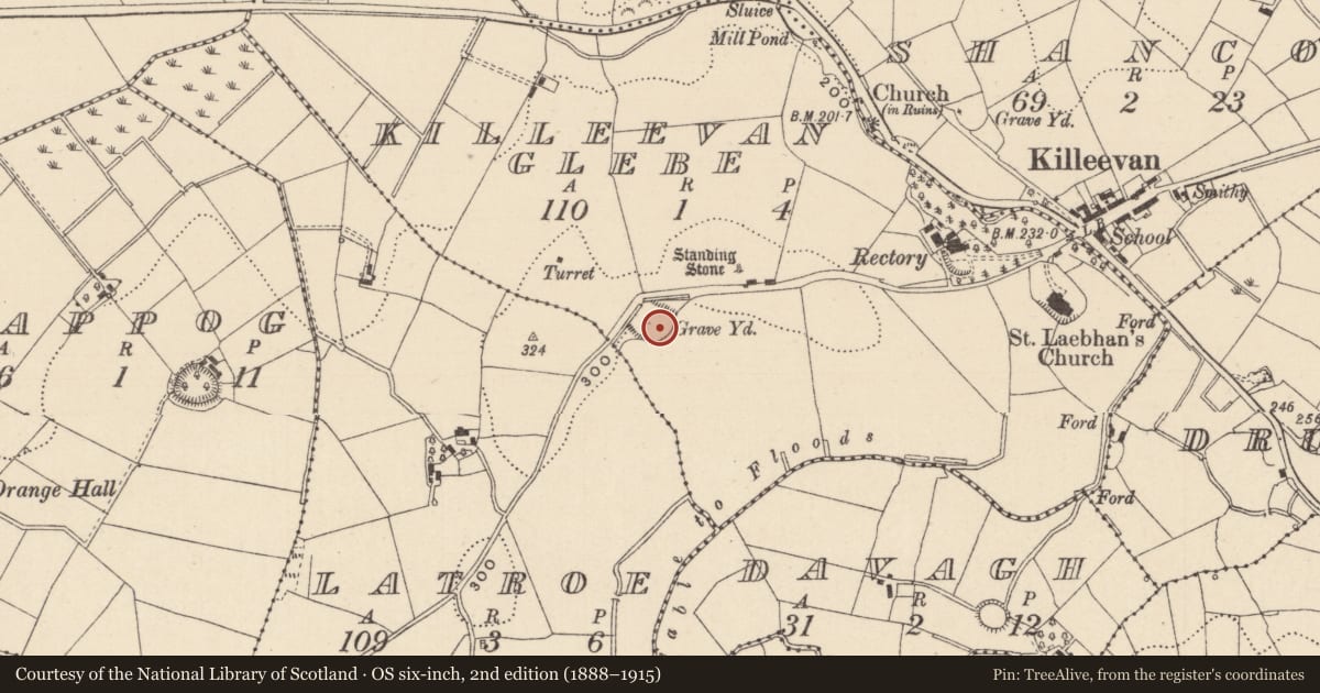 Ordnance Survey six-inch map, 2nd edition (1888–1915) covering the location of Graveyard, Killeevan Glebe, County Monaghan, with a pin at the register's coordinates