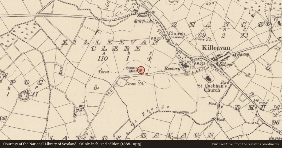 Ordnance Survey six-inch map, 2nd edition (1888–1915) covering the location of Standing stone, Killeevan Glebe, County Monaghan, with a pin at the register's coordinates