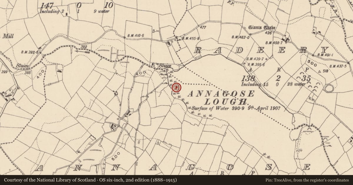 Ordnance Survey six-inch map, 2nd edition (1888–1915) covering the location of Crannog, Annagose, County Monaghan, with a pin at the register's coordinates