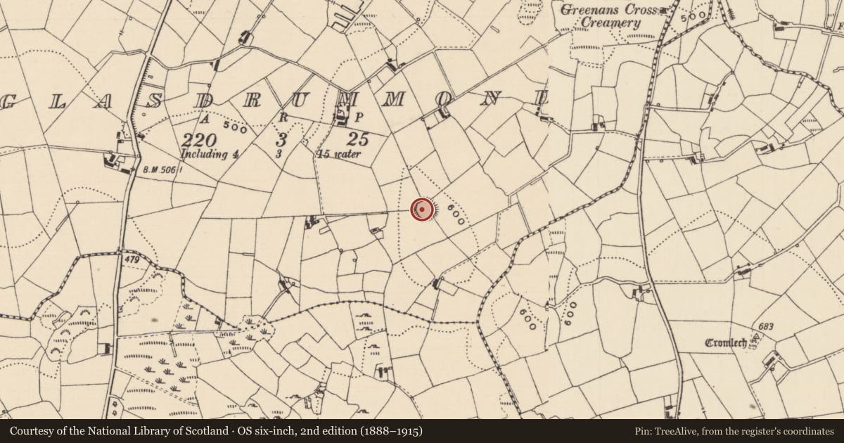 Ordnance Survey six-inch map, 2nd edition (1888–1915) covering the location of Ringfort - rath, Glasdrummond, County Monaghan, with a pin at the register's coordinates