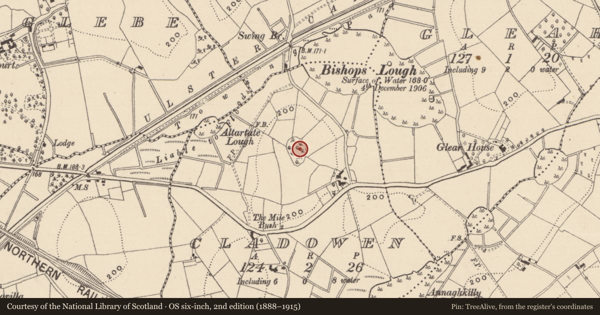 Ordnance Survey six-inch map, 2nd edition (1888–1915) covering the location of Designed landscape feature, Cladowen, County Monaghan, with a pin at the register's coordinates
