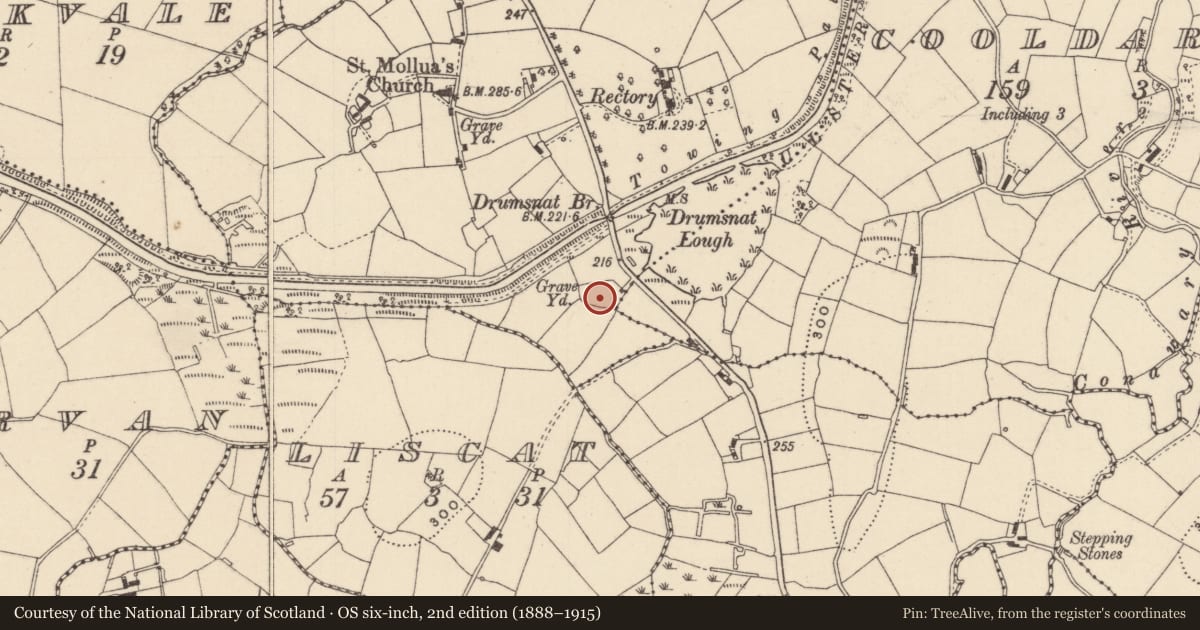 Ordnance Survey six-inch map, 2nd edition (1888–1915) covering the location of Cross, Mullanacross, County Monaghan, with a pin at the register's coordinates