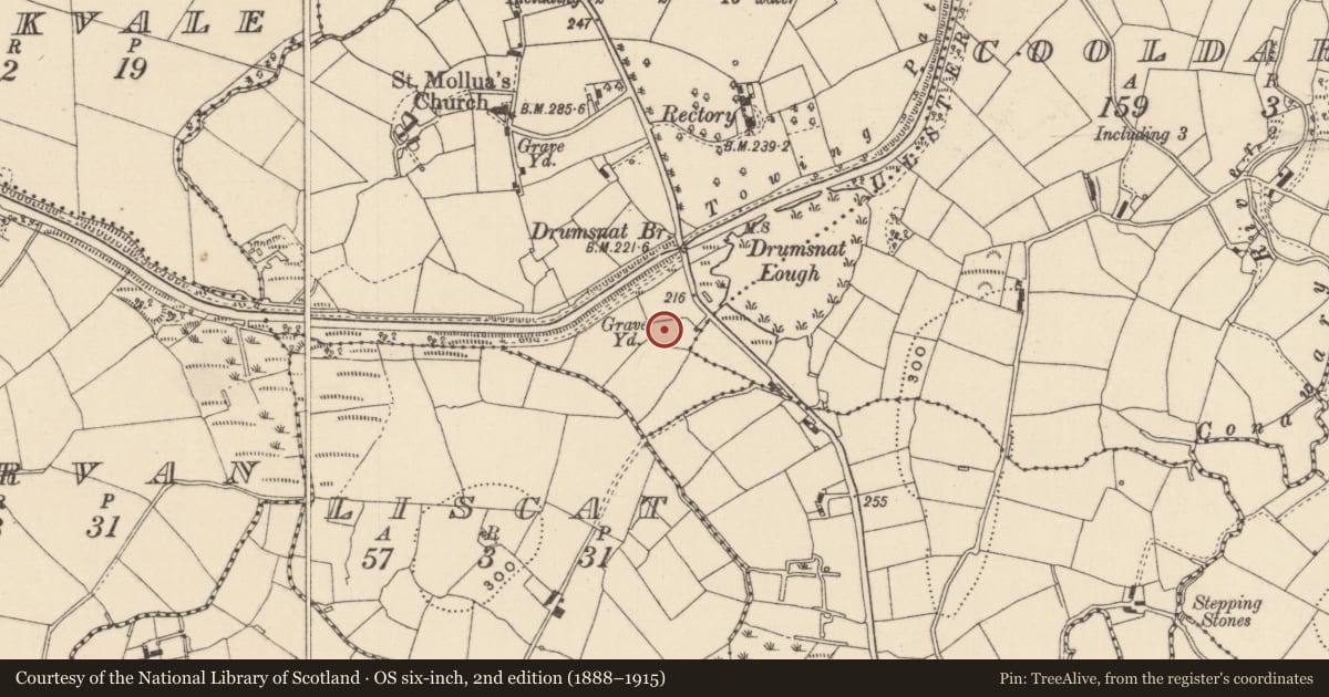 Ordnance Survey six-inch map, 2nd edition (1888–1915) covering the location of Church, Mullanacross, County Monaghan, with a pin at the register's coordinates