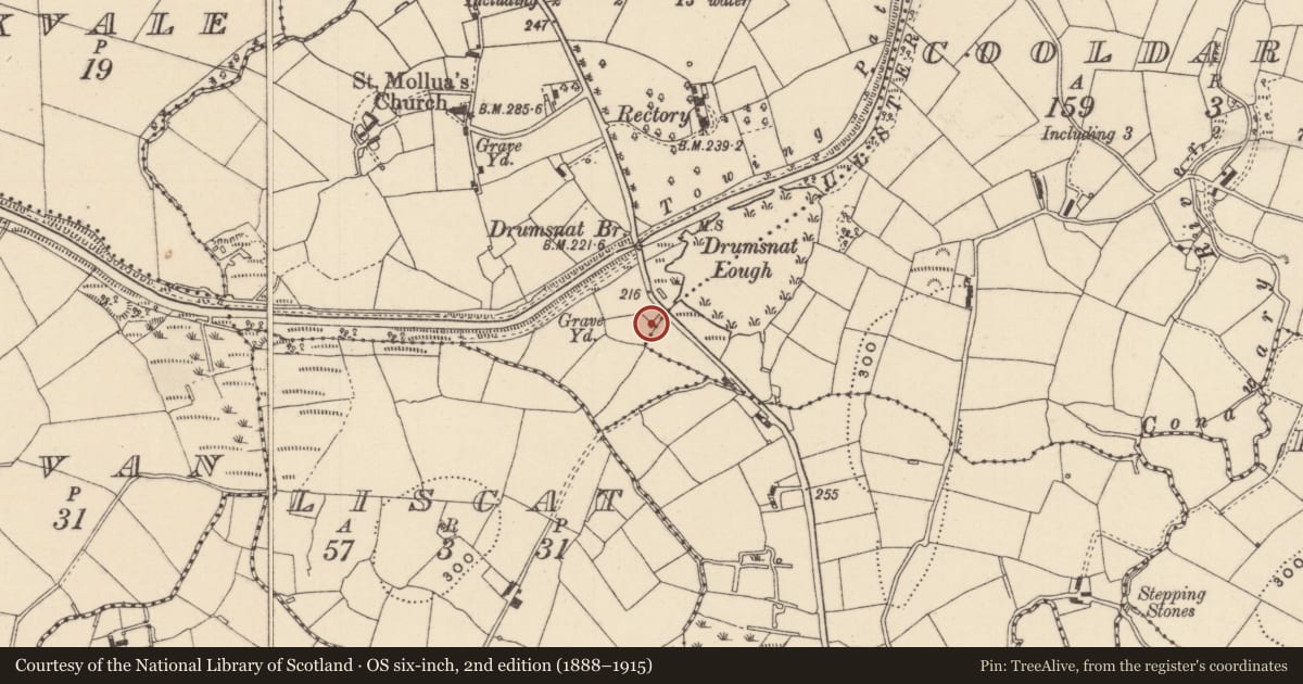 Ordnance Survey six-inch map, 2nd edition (1888–1915) covering the location of Mass-rock, Mullanacross, County Monaghan, with a pin at the register's coordinates