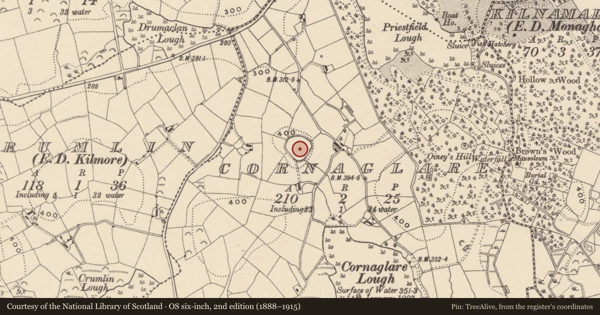 Ordnance Survey six-inch map, 2nd edition (1888–1915) covering the location of Hilltop enclosure, Cornaglare, County Monaghan, with a pin at the register's coordinates