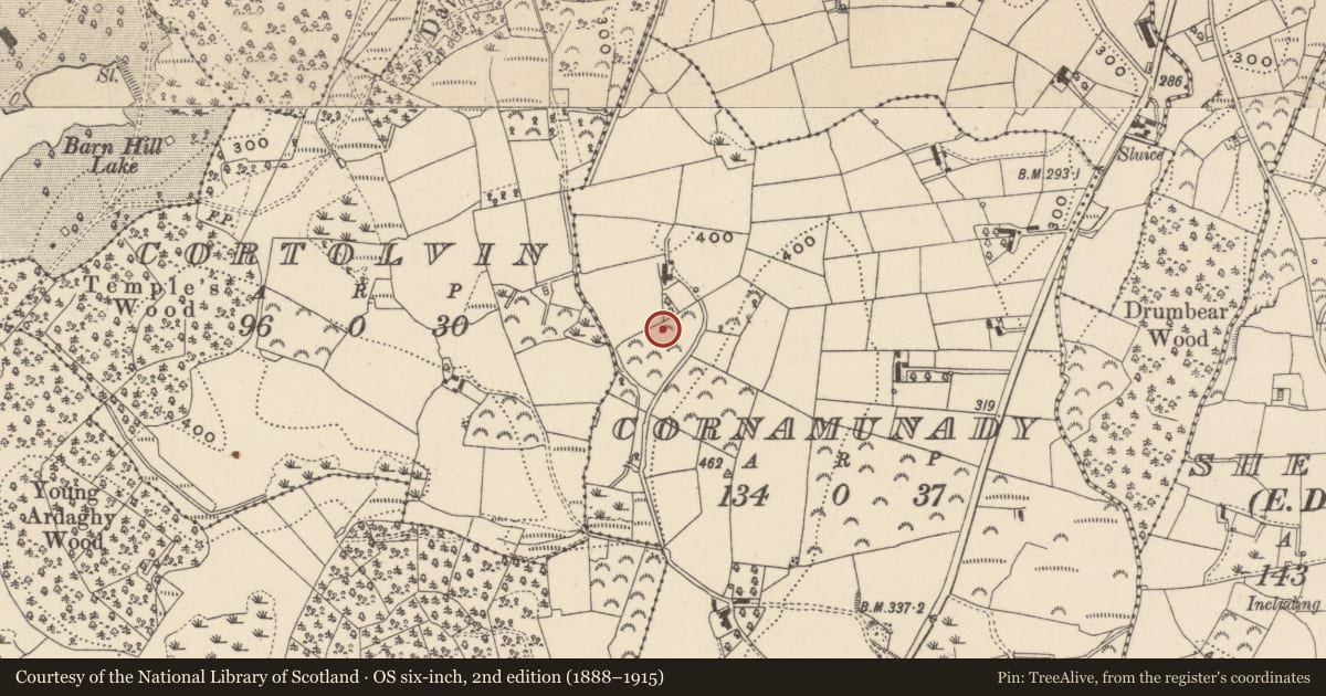 Ordnance Survey six-inch map, 2nd edition (1888–1915) covering the location of Ringfort - rath, Cornamunady, County Monaghan, with a pin at the register's coordinates