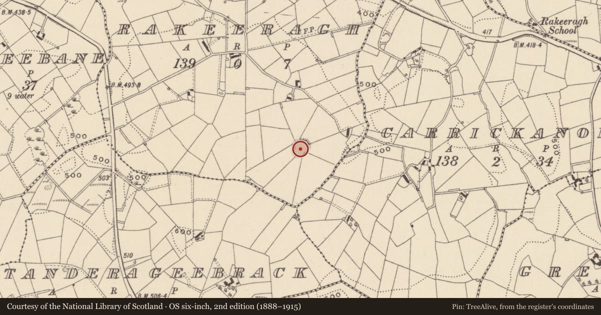 Ordnance Survey six-inch map, 2nd edition (1888–1915) covering the location of Ringfort - rath, Rakeeragh (Monaghan By., Monaghan Par.), County Monaghan, with a pin at the register's coordinates
