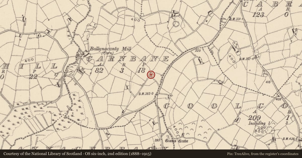 Ordnance Survey six-inch map, 2nd edition (1888–1915) covering the location of Megalithic tomb - unclassified, Carnbane, County Monaghan, with a pin at the register's coordinates