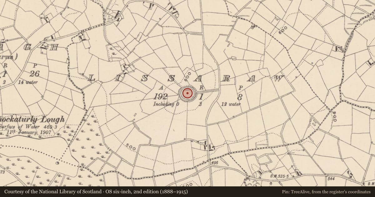Ordnance Survey six-inch map, 2nd edition (1888–1915) covering the location of Ringfort - rath, Lissaraw, County Monaghan, with a pin at the register's coordinates