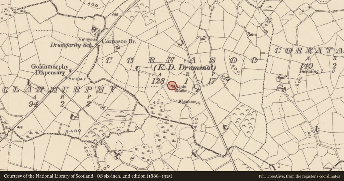 Ordnance Survey six-inch map, 2nd edition (1888–1915) covering the location of Megalithic tomb - unclassified, Cornasoo (Monaghan By., Drumsnat Par.), County Monaghan, with a pin at the register's coordinates