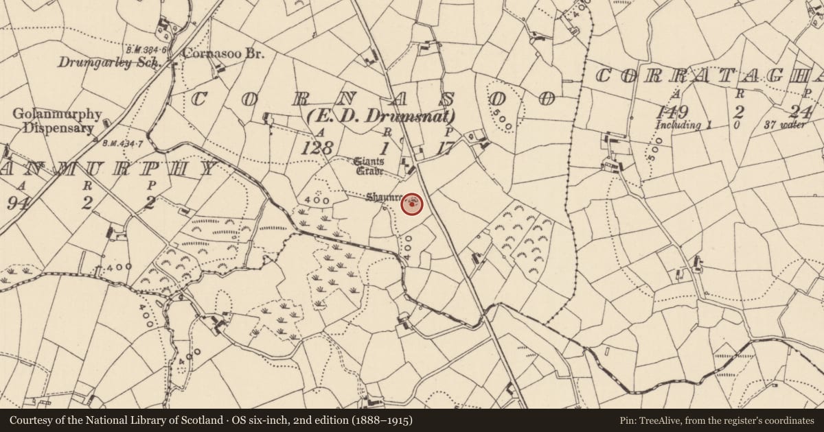 Ordnance Survey six-inch map, 2nd edition (1888–1915) covering the location of Cairn - unclassified, Cornasoo (Monaghan By., Drumsnat Par.), County Monaghan, with a pin at the register's coordinates