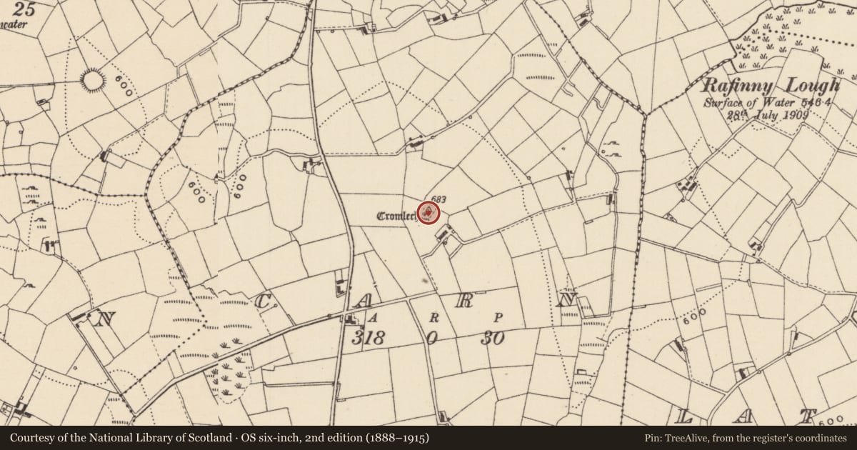 Ordnance Survey six-inch map, 2nd edition (1888–1915) covering the location of Megalithic tomb - court tomb, Carn, County Monaghan, with a pin at the register's coordinates