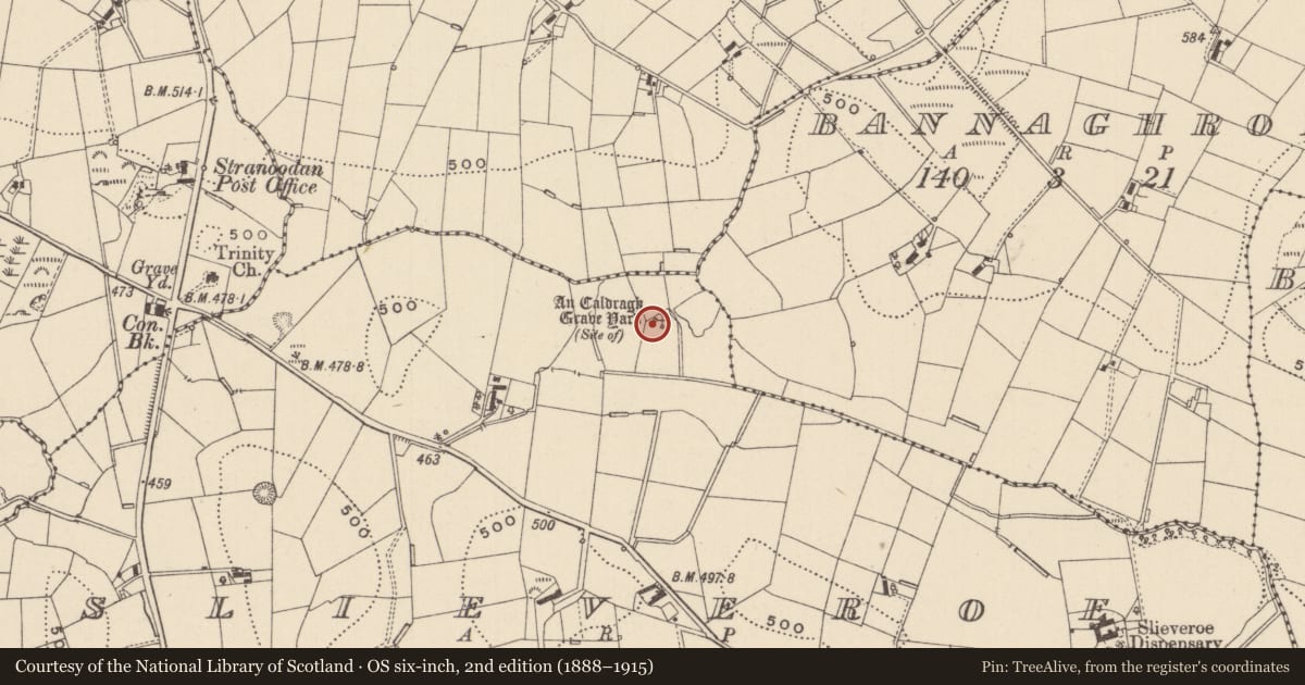 Ordnance Survey six-inch map, 2nd edition (1888–1915) covering the location of Burial ground, Slieveroe, County Monaghan, with a pin at the register's coordinates