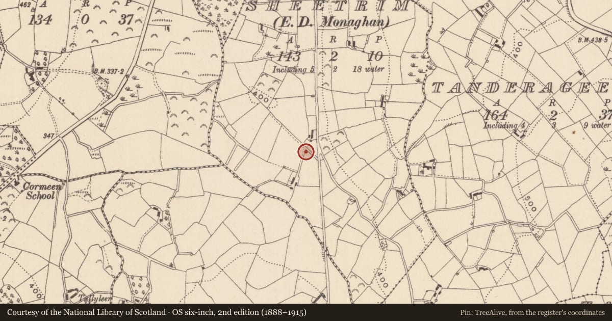 Ordnance Survey six-inch map, 2nd edition (1888–1915) covering the location of Ritual site - holy well, Sheetrim (Monaghan By, County Monaghan, with a pin at the register's coordinates